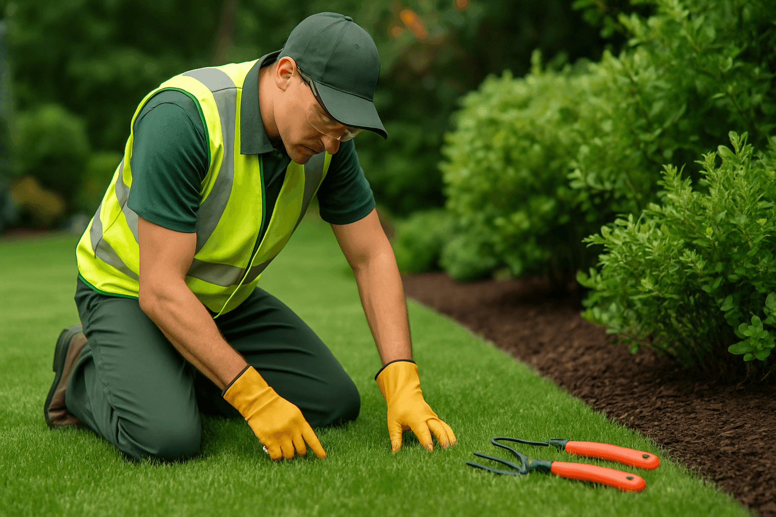 Close-up of a professional inspecting lawn for pest damage with healthy green grass and garden beds