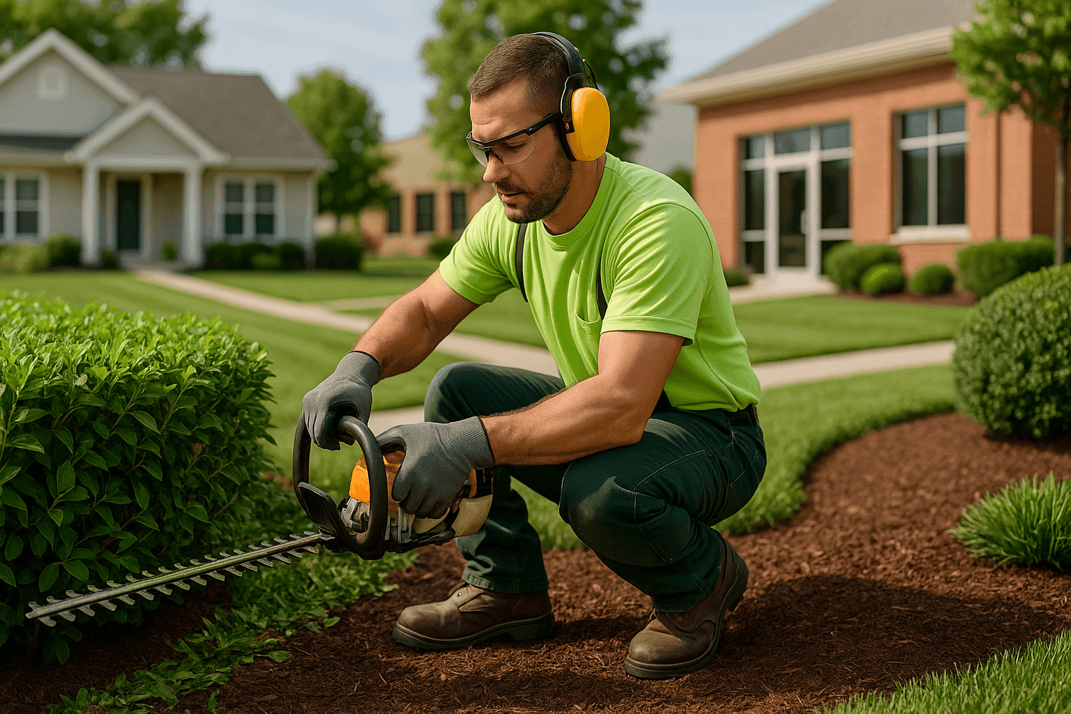 Professional landscaper trimming hedges and mulching garden beds in a well-maintained yard
